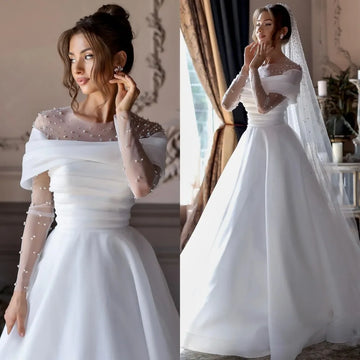 Elegant luxury A line wedding dresses round neck long sleeve crystal pearl design wedding beach auditorium bridal dress custom