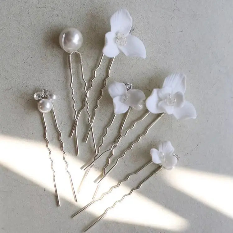 Porcelain Flower Hairpin Gold Silver Color Hair Pin Clip Women Bride Crystal Pearl Head Piece Bridal Jewelry Wedding Accessories