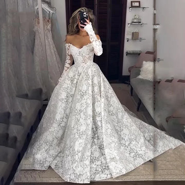 Customized Elegant Lace Wedding Dresses A-Line Off Shoulder Long Sleeve Bridal Gown Princess Bride Dress Vestido De Noiva