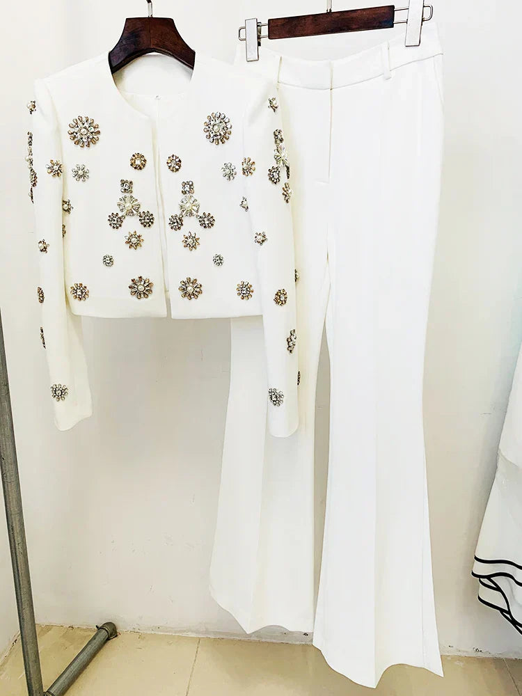 HIGH STREET Newest Fashion Designer Suit Set Women's Pearls Diamonds Rhinestone Beaded Trimed Jacket Flare Slit Pants Suit