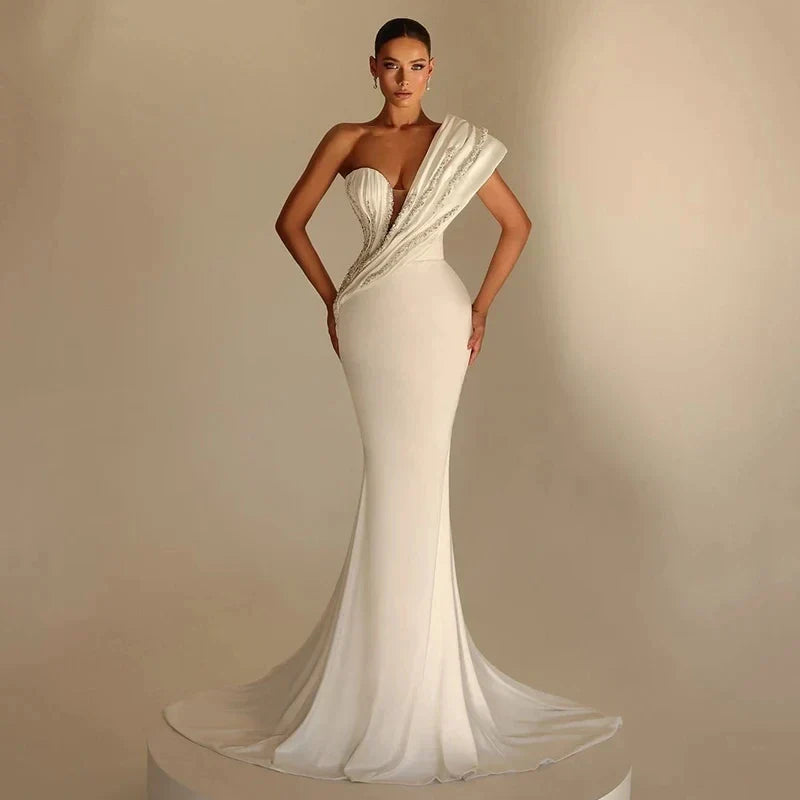 Elegant Mermaid Wedding Dress One Shoulder Pleats Beads Bridal Dresses Bride Gown Church vestidos de novia