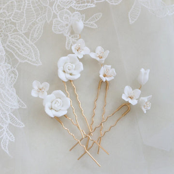 Gold Color Hair Clip Pins Porcelain Rose Flower Hairpins For Brides Bridesmaids Headpieces Bridal Jewelry Wedding Accessories