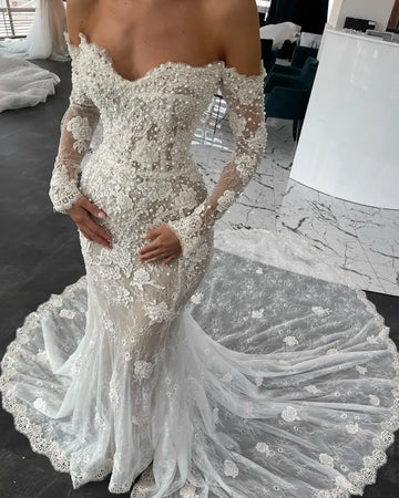Customized Elegant Mermaid Wedding Dresses Sexy Sweetheart Beads Appliques Lace Bridal Gowns Long sleeve Vestidos De Novia