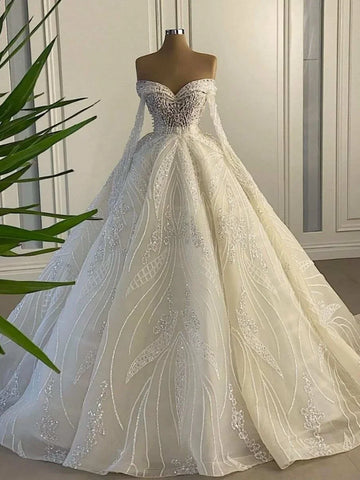 Customized Exquisite Ball Gowns Long Sleeve Wedding Dress Beaded Lace Sequins Off Shoulder Tulle Bridal Dress Vestidos De Novias