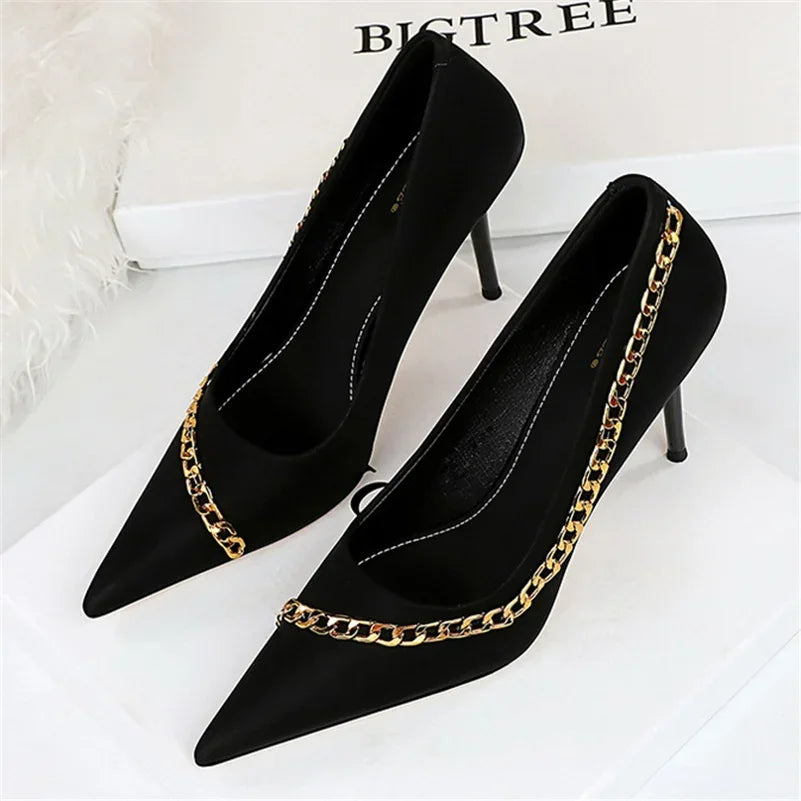 Women 9.5cm high heels metal chain pumps silk stiletto nightclub party girls event prom fashion – Pollyanna Events