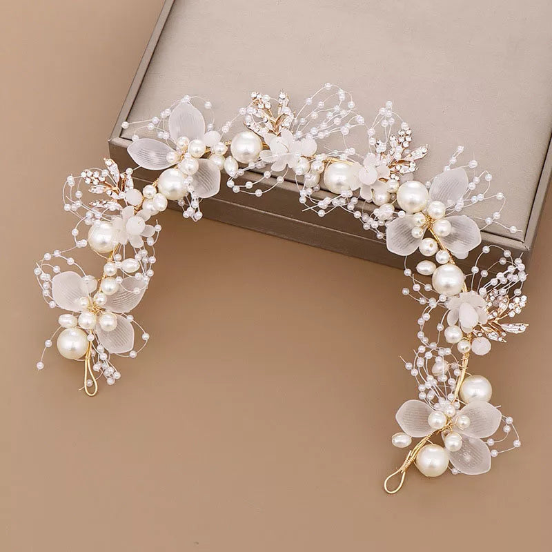 Pearls Headbands for Women Girls Bride Wedding Hairbands White Flower Tiaras and Crowns Korean Fashion Headdress Hair Jewelry