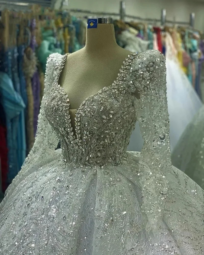 Customized Luxury Lace Beaded Crystals Wedding Dresses Long Sleeve Muslim Bridal Dresses Robes Ball Gown Vestidos de novia