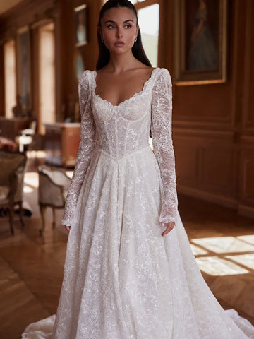 Customized Graceful Long Sleeve Beaded Lace A-line Wedding Dress Modest Bridal Gown Dreamy Sweetheart Neck Dresses For Bride