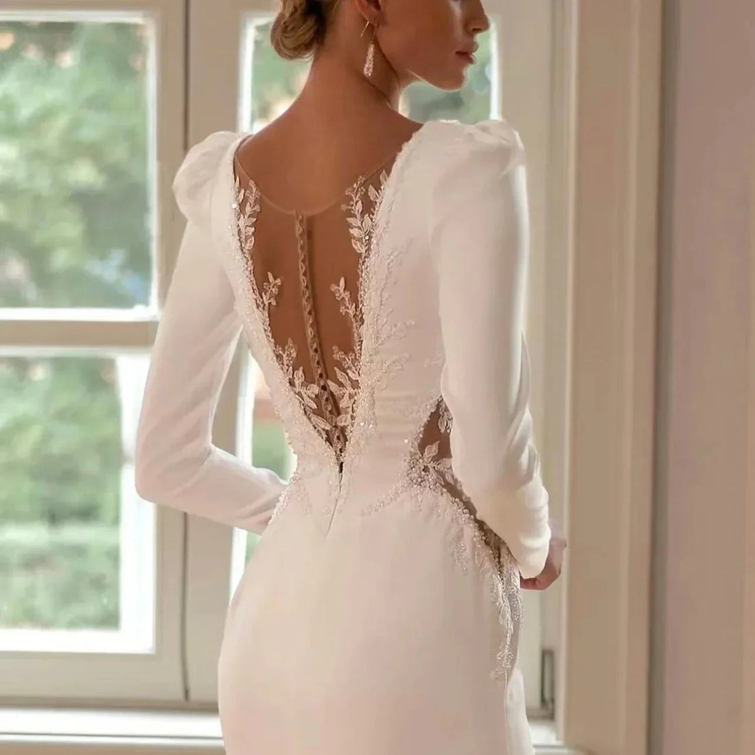 Elegant deep V-neck long sleeves beaded sequins lace sweep train bridal gown 2026 – Pollyanna Events