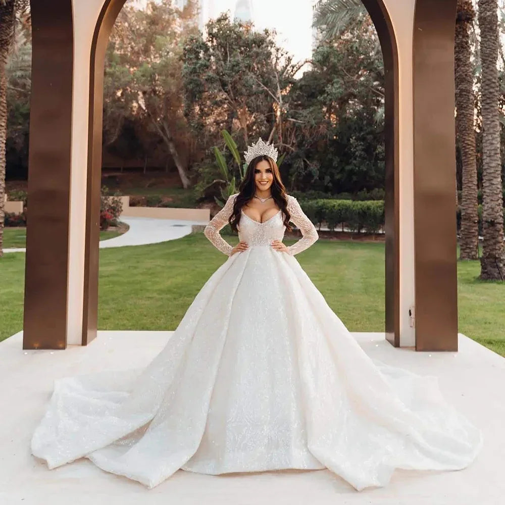 Customized Elegant V-Neck Wedding Dress Lace Sequin Beaded Princess Bridal Gown Princess Bride Marriage Women Clothing