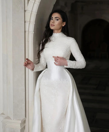 Eightale Arabic Wedding Dress White Ivory Mermaid Long Sleeves Pleats Lace Muslim Satin Bridal Gown Robe De Mariée Customized