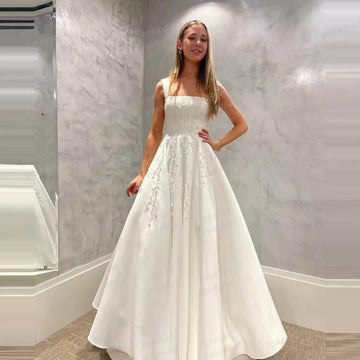 Elegant Appliques Wedding Dresses A Line Woman's Square Collar Sleeveless Bride Gowns Formal Satin Vestidos De Novia Customized
