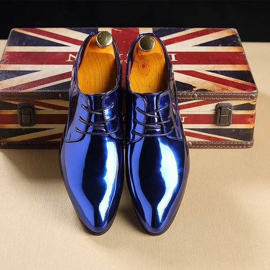 Tendencia de la moda patente de cuero zapatos de boda oro azul rojo oxfords zapatos diseñador diseñador de vestidos de punta puntiaguda gran tamaño 37-48