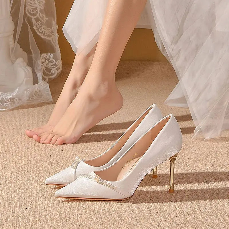 Bride pumps pearl stiletto high heels women wedding shoes popular pointed toe summer footwear – Pollyanna Events