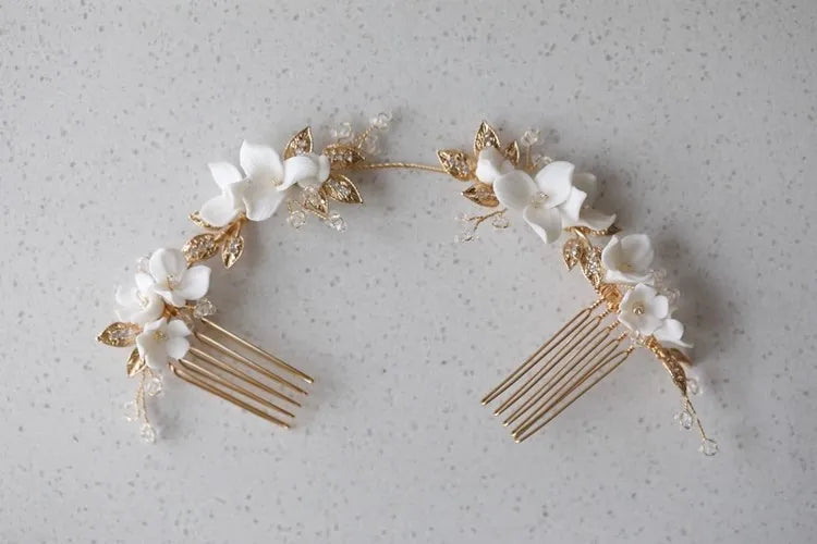 Bridal Jewelry Porcelain Flower Headband Hairband Vintage Gold Color Headpiece Headdress Brides Hair Comb Wedding Accessories
