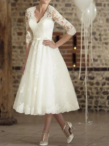 Vintage A-Line Wedding Dress 1940s Style V Neck Tea-Length Lace Covered Button Bridal Bride Gown Women vestidos de novia