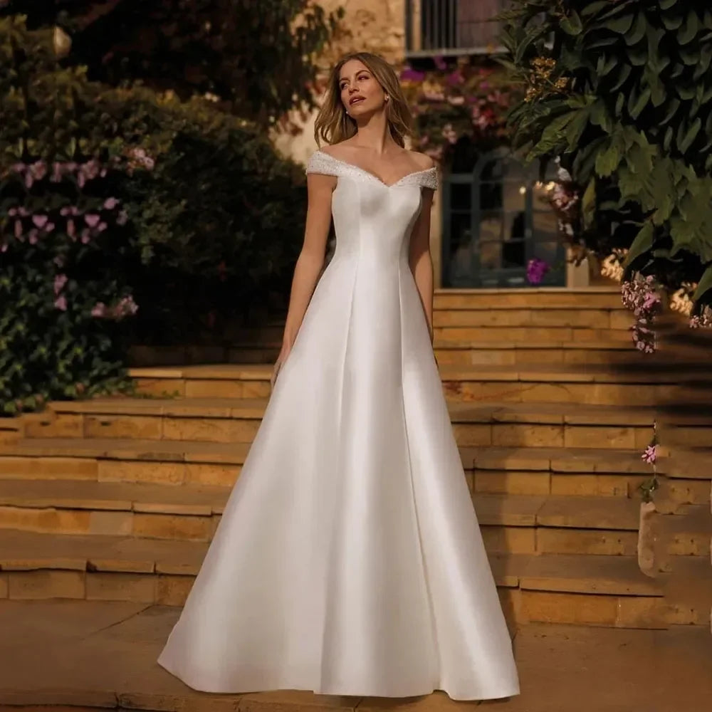 Off shoulder A-line princess satin beads sequins elegant bridal gown formal wedding dress – Pollyanna Events