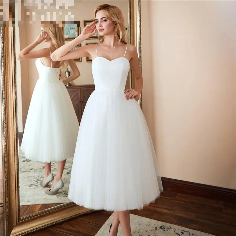 Tulle Wedding Dress Sexy Fashion Spaghetti Straps Simple Sukienka Na Wesele New Short Backless Vestido De Noiva Custom Made