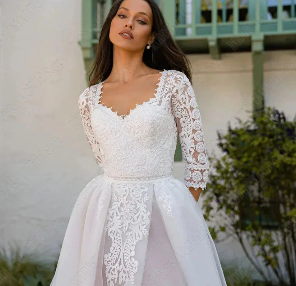 Elegant 3/4 Sleeves Wedding Dresses Square Collar Backless Bride Gowns Tulle A-Line Lace Applique Vestidos De Novia