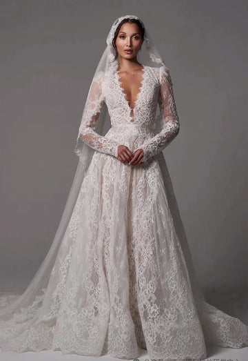 Customized Lace Wedding Dress Long Sleeves Deep V Neck Applique Sweep Train Illusion Back Buttons Vestido De Noiva Bridal Gown