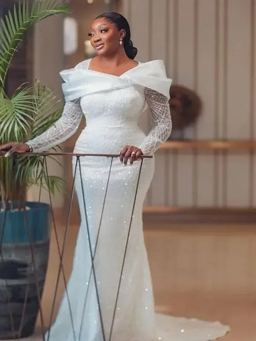 Customized African Mermaid Wedding Dresses Long Sleeves Lace Women Shiny Bridal Gowns For Black Girls Robe Vestido De Novia