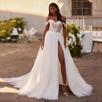 Bohemian A line Wedding Dress Princess Backless Boho High Slit Bridal Gown Off Shoulder Lace Tulle Brides Dress Customized