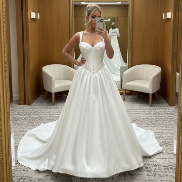 Beach Vestidos Novia V Neck Pleated Wedding Dress Long Satin Ball Gown For Bride Button A Line Puffy Bridal Party Gown For Women