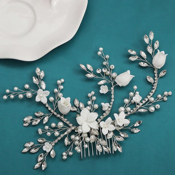 Wedding Accessories Porcelain Flower Hair Comb Pin Imitation Pearl Crystal Hairpin For Brides Women Head Pieces Bridal Jewelry