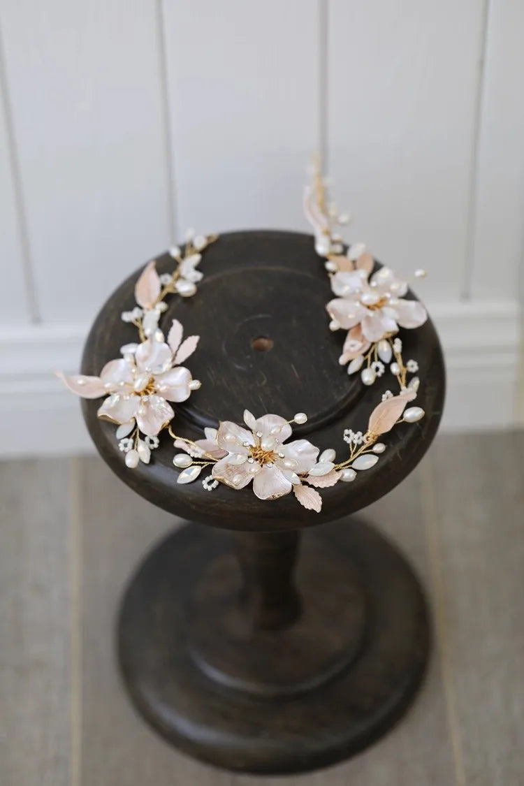 Vintage Gold Color Headband Hairband Flower Leaf Headpiece For Bride Pearl Headwear Wedding Accessories Bridal Hair Jewelry