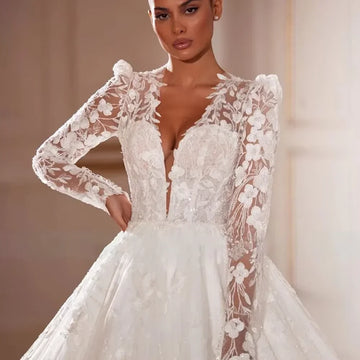 Customized ElegantWedding Dress Embroidered Lace Princess Ballgown V-Neck Full Sleeve Bride Zipper Vestido De Novia