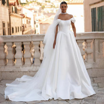 Classic Pleated Off Shoulder Long Ball Gown Wedding Dresses For Bride Satin Bridal Party Gown For Women Vestidos Novia