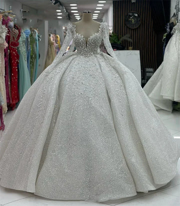 Customized Luxury Princess Wedding Dresses Sweetheart Neck Long Sleeves Vestido De Novia Lace Sequined  Bride Robe De Mariee