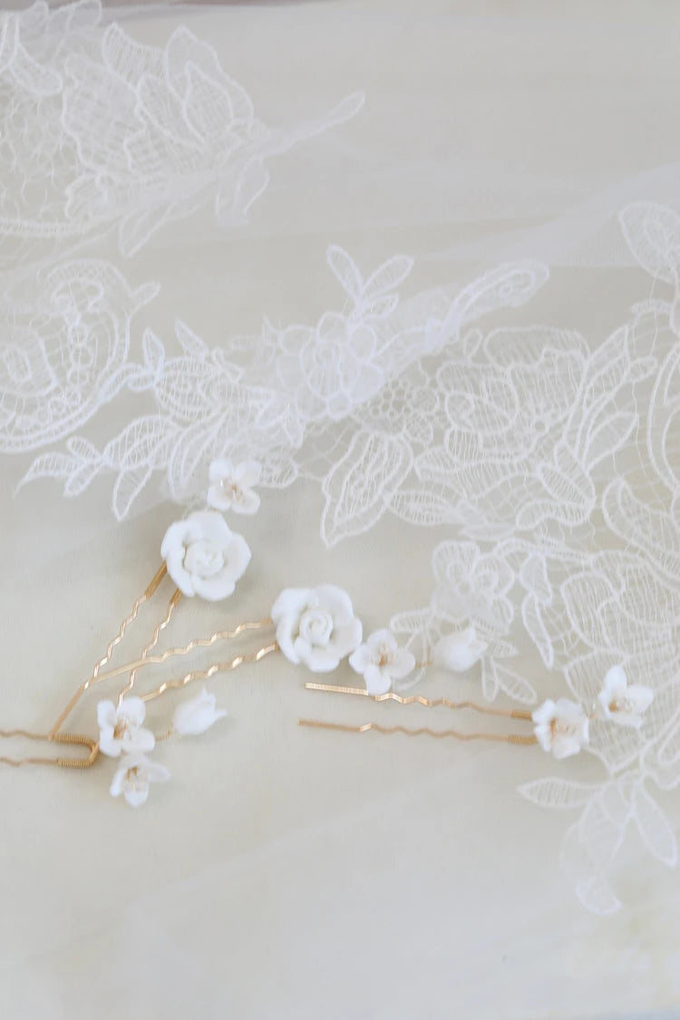 Gold Color Hair Clip Pins Porcelain Rose Flower Hairpins For Brides Bridesmaids Headpieces Bridal Jewelry Wedding Accessories