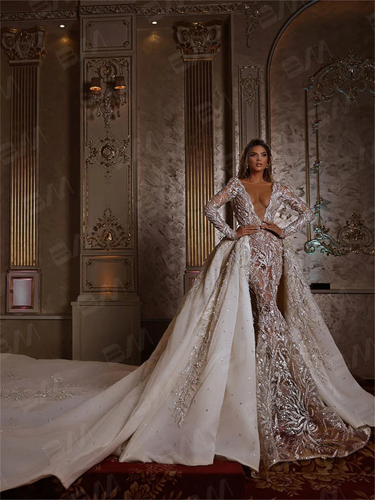 Дві шматки довгих рукавів Русалка Весільна сукня Блискучі мереживні аплікації наречених сукні знімні потяг весільного сукню Vestidos de novia
