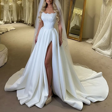 Simple Strapless Lace Ball Gown Wedding Dress With Slit 2026 Long Appliques Satin Bridal Party Gown For Women Vestidos Novia