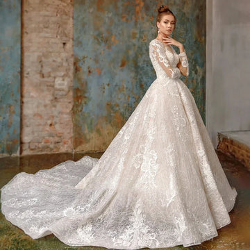 customized Elegant A Line Wedding Dress O-neck Long Sleeve Tulle Lace Backless Bridal Gown Floor Length Marriage Dresses