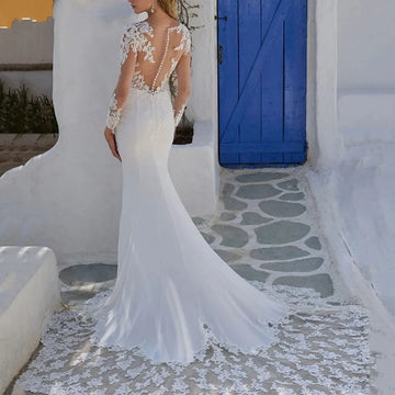 Sexy Mermaid Wedding Dress 2026 Sheer Neck Long Sleeves Illusion Back Buttons Lace Applique Bride Bridal Gowns  vestido de novia