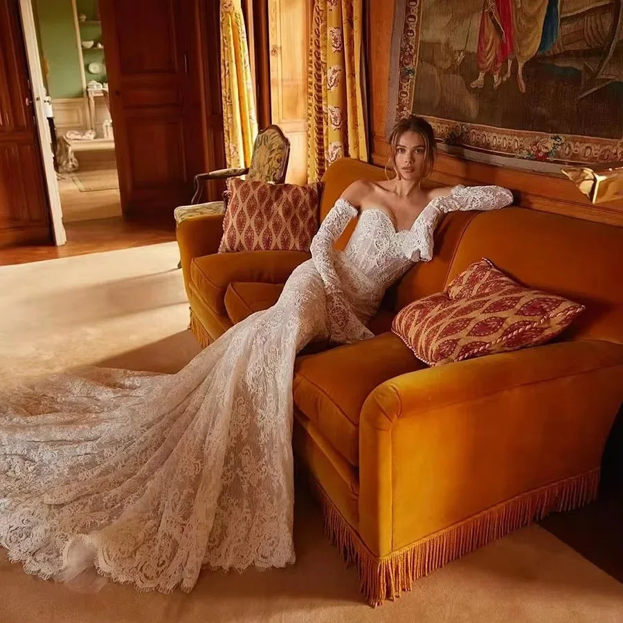 Customized Luxury Long Sleeves Wedding Dresses Off the Shoulder Lace Mermaid Sweetheart Bridal Gown vestidos de novias