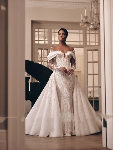 Luxury Lace 2 In 1 Mermaid Wedding Dress Beading Embroidery Illusion Neck Trumpet Bridal Gowns Customized Vestido de novia