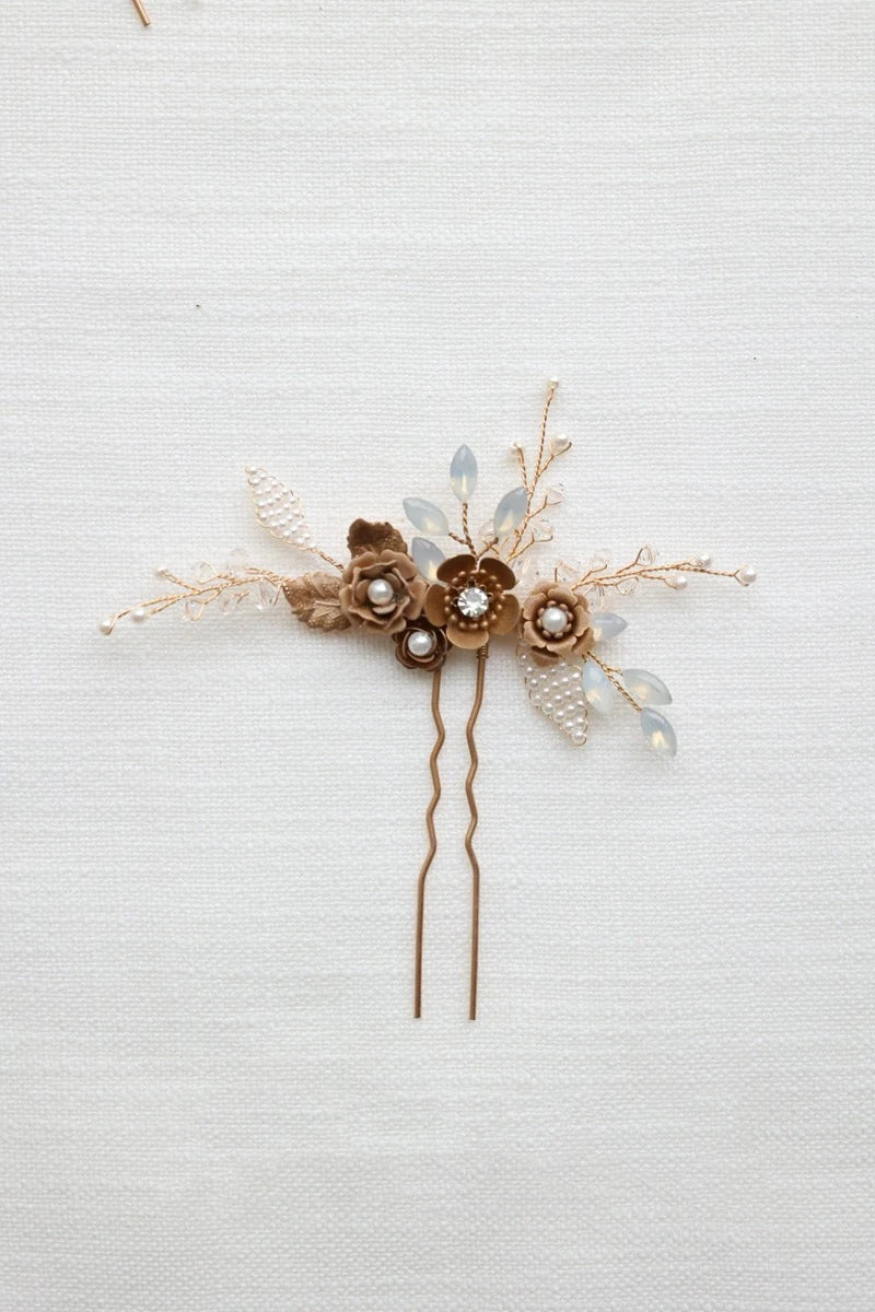 Bridal Jewelry Rhinestones Pearl Hair Pin Clip Leaf Flower Head Piece Brides Gift Vintage Gold Color Hairpin Wedding Accessories