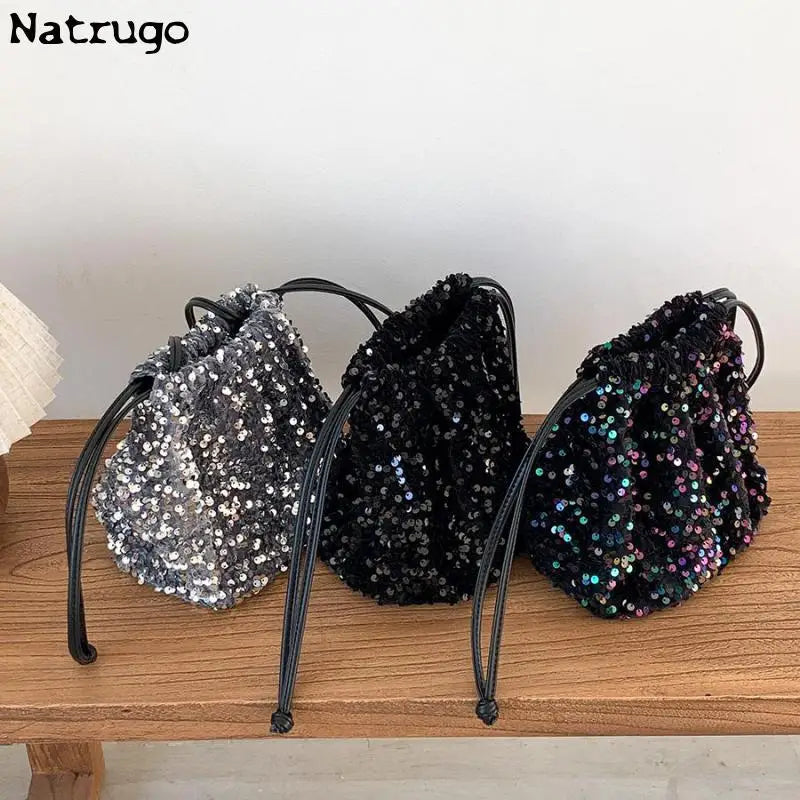 New Sequin Bucket Crossbody Bag Women Chain Phone Bag Satchels  Girls Decor Hangbag Luxury Designer Small Shoulder Bag