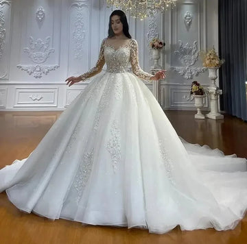 customized Luxury 2026 Wedding Dress Illusion Neck Long Sleeves Lace Appliques Beads Bride Gowns Robe Mariage Vestidos De Novia