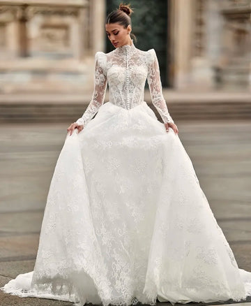 Classic French Vintage Lace Applique White Wedding Dress Cut Out Tulle Outdoor Bridal Gown Bride Party Dress Customized