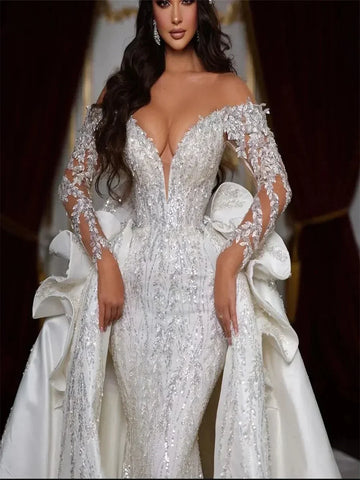 Appliques di lusso perle abiti da sposa abiti sexy profondo v al collo sirena da sposa abito da sposa vestidos de nolia con treno staccabile