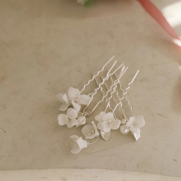 Wedding Accessories Porcelain Flower Hair Pin Clip Silver Color Head Piece For Brides Women Bridesmaids Hairpin Bridal Jewelry