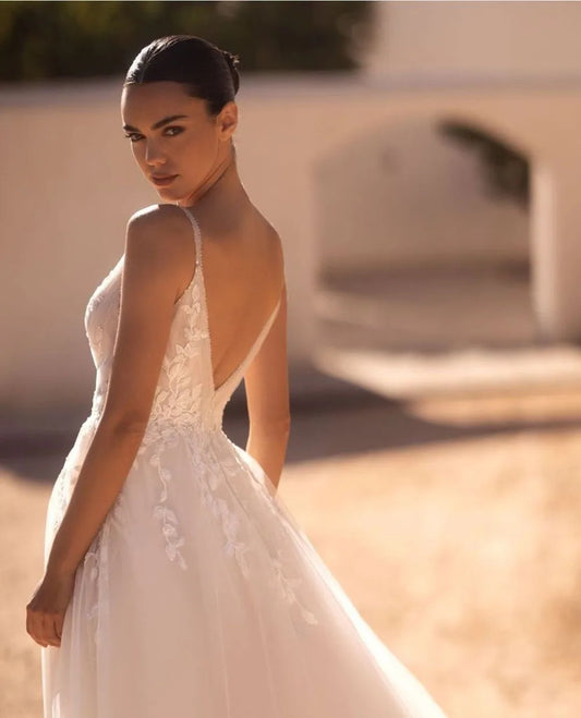 Graceful Ivory Boho trouwjurken Backless Appliqued Lace Princess Tulle Bridal Jurys Vestido de novia bruid jurk