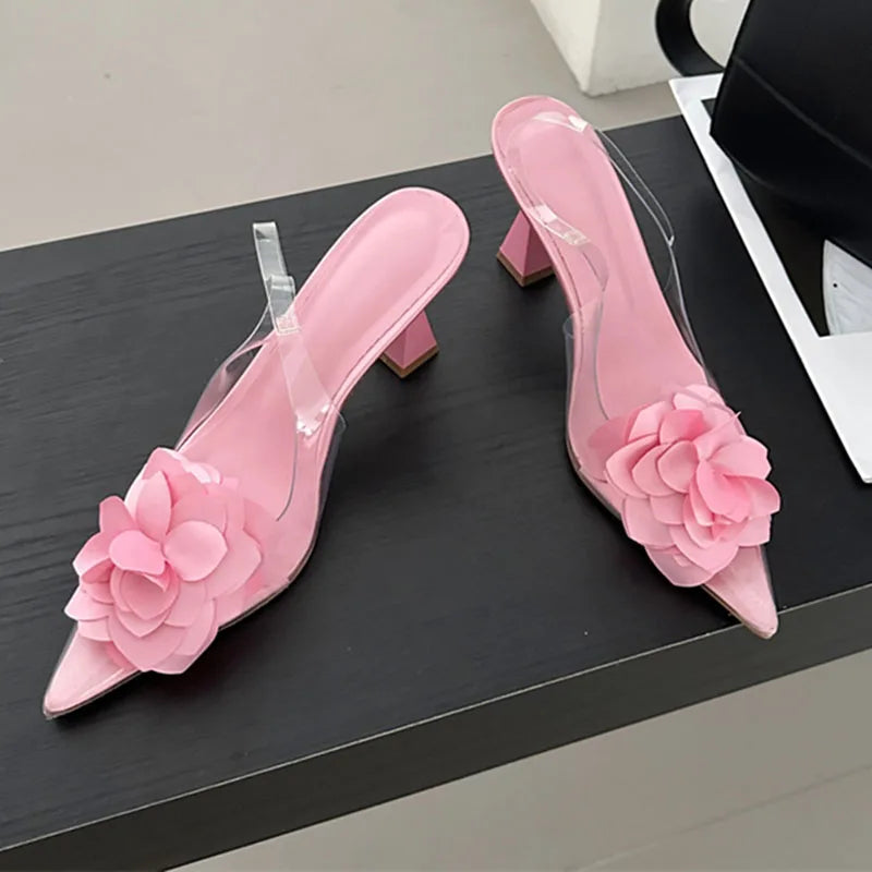 Silk flower transparent PVC pointed slingbacks women sexy high heels party dress shoes zapatos – Pollyanna Events