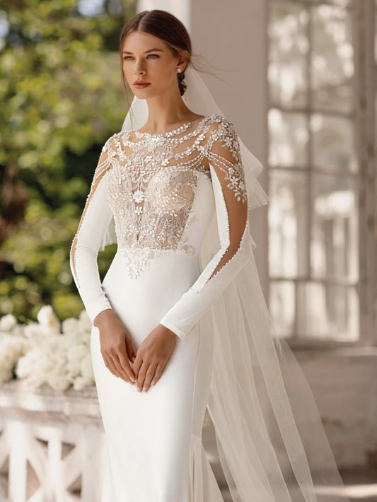 Modest O-neck Long Sleeve Wedding Dress Sparkly Sequins Beads Bride Robe 2024 Elegant Mermaid Long Bridal Gown Robe De Mariée