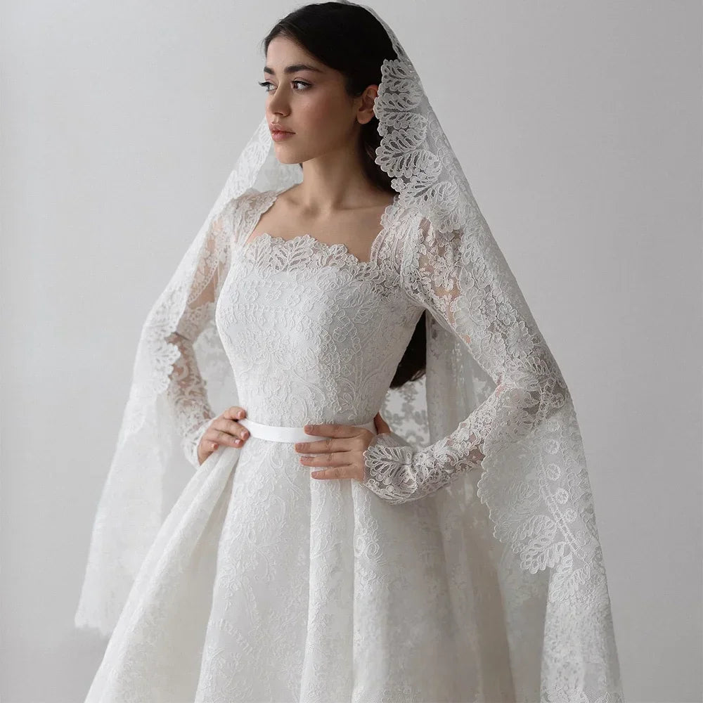 Customized Gorgeous Lace Long Sleeves Wedding Dress for Bride Square Neck Sweep Train Bridal Gown Vestido De Noiva