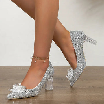 Silver Sequins Tacones altos Bombas Mujeres 2024 Autumn Crystal Flower Zapatos de boda Mujer talla grande 42 zapatos de fiesta de tacón espeso y transparente